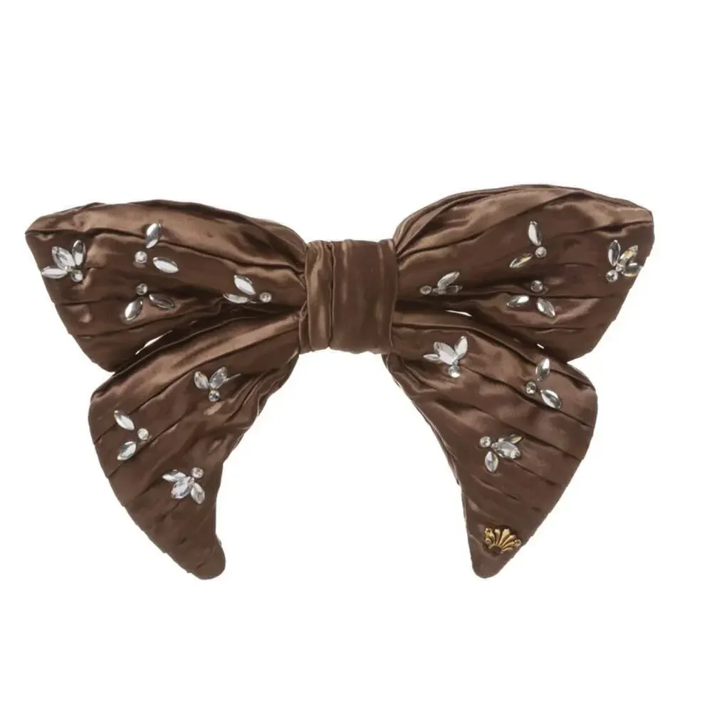Lele Sadoughi Silk Brown Crystal Bow Barrette Gold Logo NWT